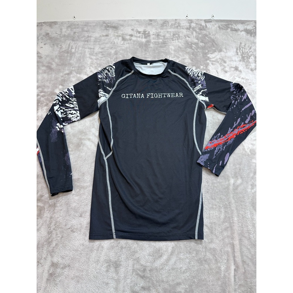 Rashguard Jiu Jitsu Mens Size Small Black Long Sleeve Print BJJ MMA Gitana EUC